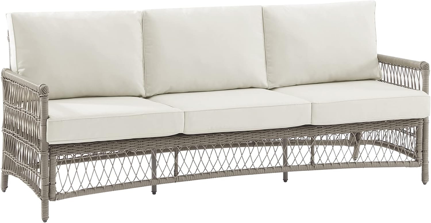 Crosley Furniture Thatcher Wicker Outdoor Sofa, 3-Person Patio Couch for Porch, Deck, Backyard, Driftwood with Creme Cushions
