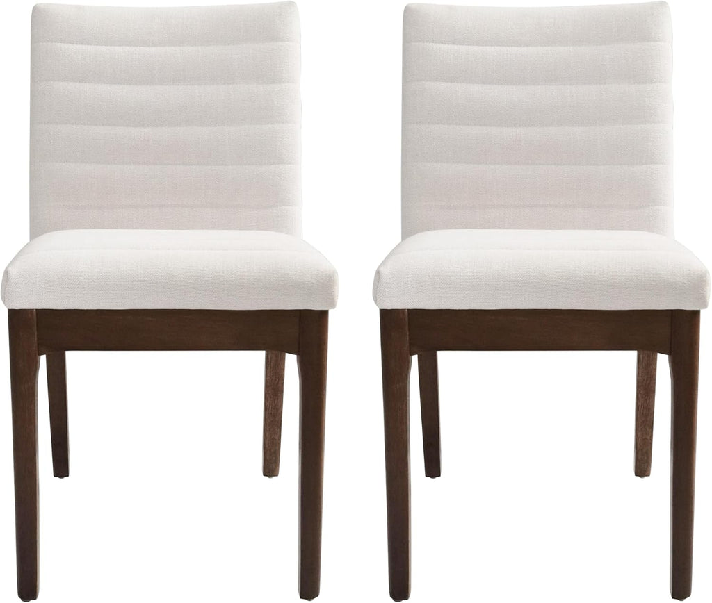 Christopher Knight Home Lancer Dining Chairs Set of 2, Wooden Kitchen Side Chair, Fabric Upholstered Accent Chair, Mid-Century Modern Armless Design with Channel Stitching, Light Beige and Walnut
