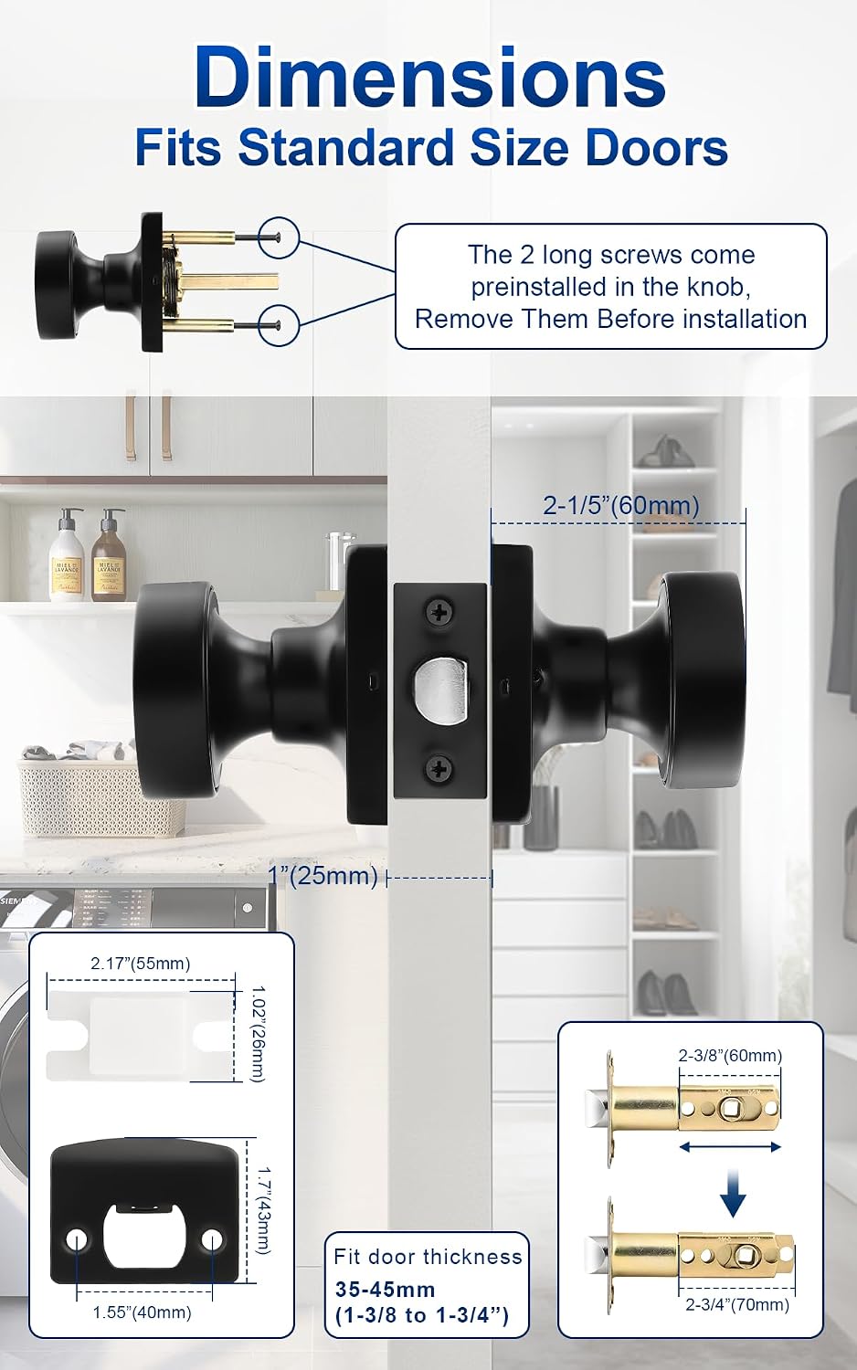 Probrico Interior Passage Door Knobs 8 Pack, Closet/Hallway Door Handles Inside, Modern Interior Matte Black Door Knob Without Key
