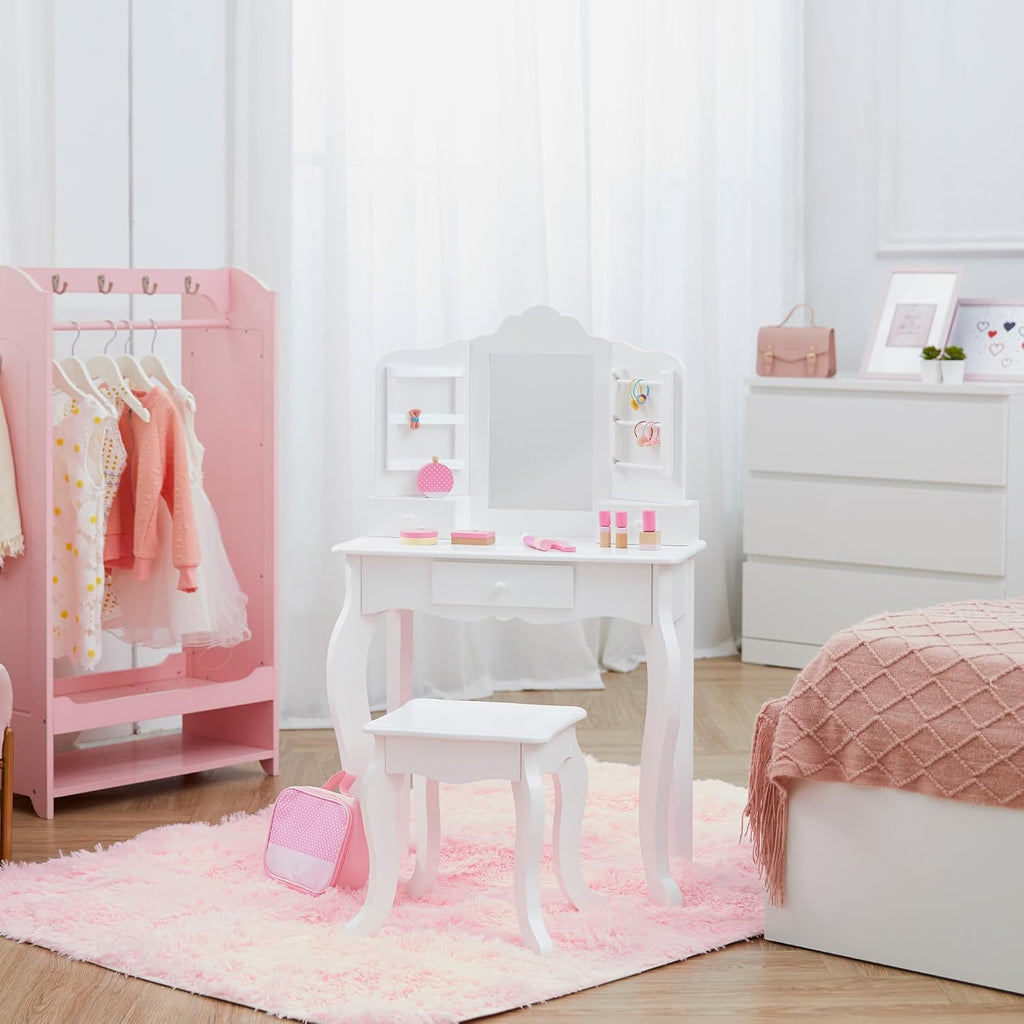 Teamson Kids White Wooden Vanity Table and Stool Set for Girls with Mirror Drawers Jewelry Storage Elegant Play Furniture for Bedroom or Playroom Ages 3+