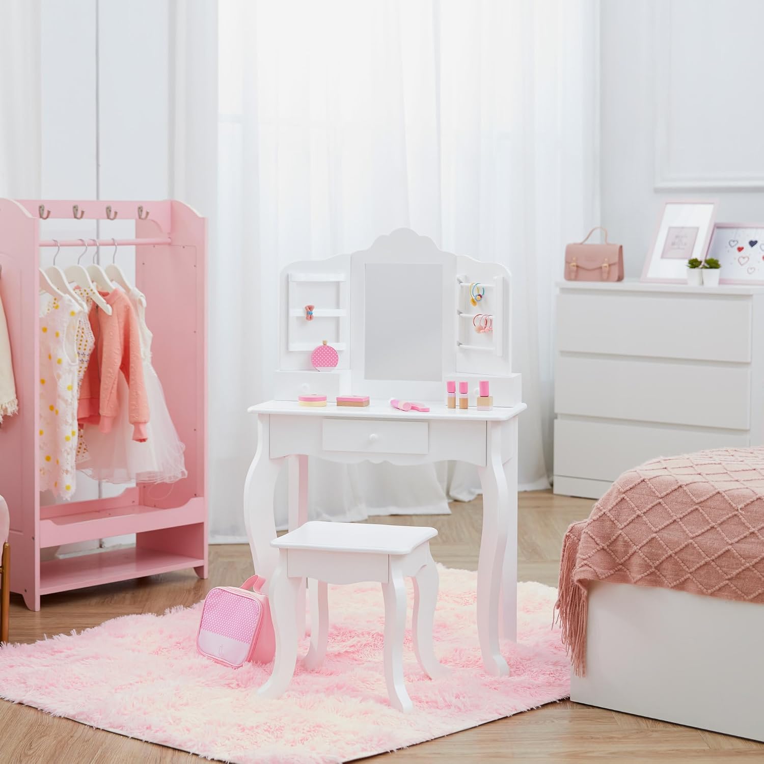 Teamson Kids White Wooden Vanity Table and Stool Set for Girls with Mirror Drawers Jewelry Storage Elegant Play Furniture for Bedroom or Playroom Ages 3+