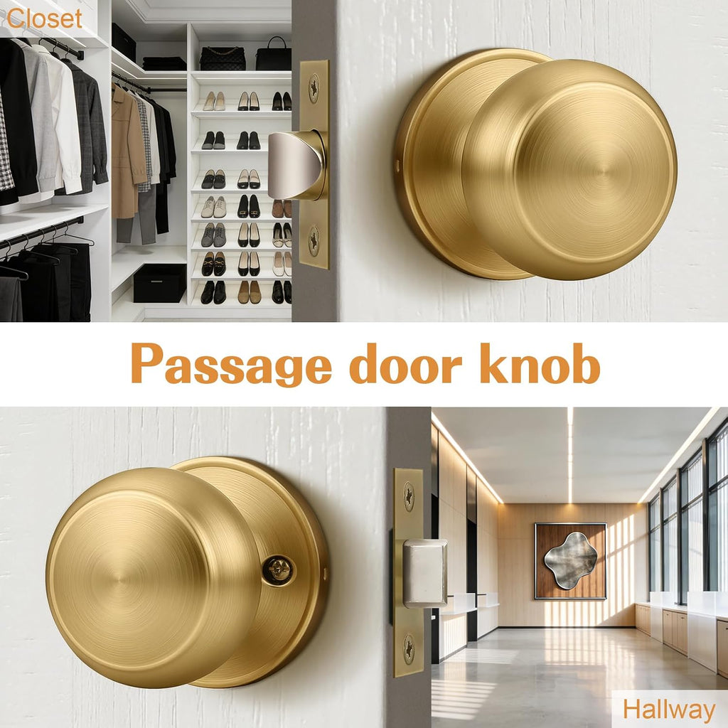 Probrico Champagne Bronze Interior Door Knob for Hallway, Champagne Door Knobs Closet Door Knob, Passage Door Knobs with Round Ball Knob, 10 Pack