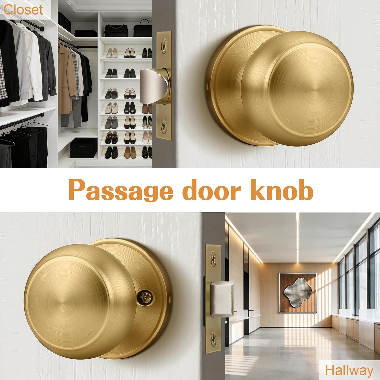 Probrico Champagne Bronze Interior Door Knob for Hallway, Champagne Door Knobs Closet Door Knob, Passage Door Knobs with Round Ball Knob, 10 Pack
