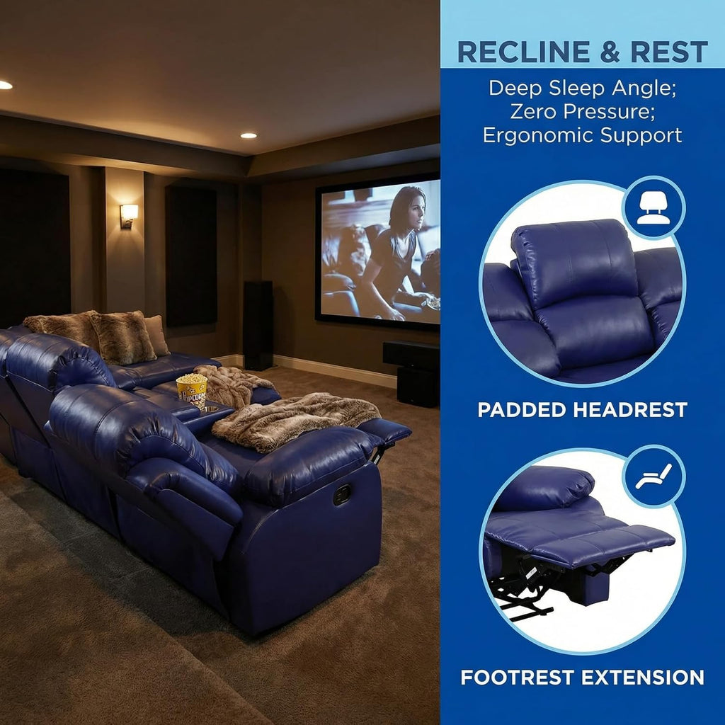 Manual Leather Recliner Sofa Set, Adjustable Backrest Reclining Loveseat Sofa & Recliner Chair, Comfortable Reclining Seats for Home Theater, Apartment, Dark Blue