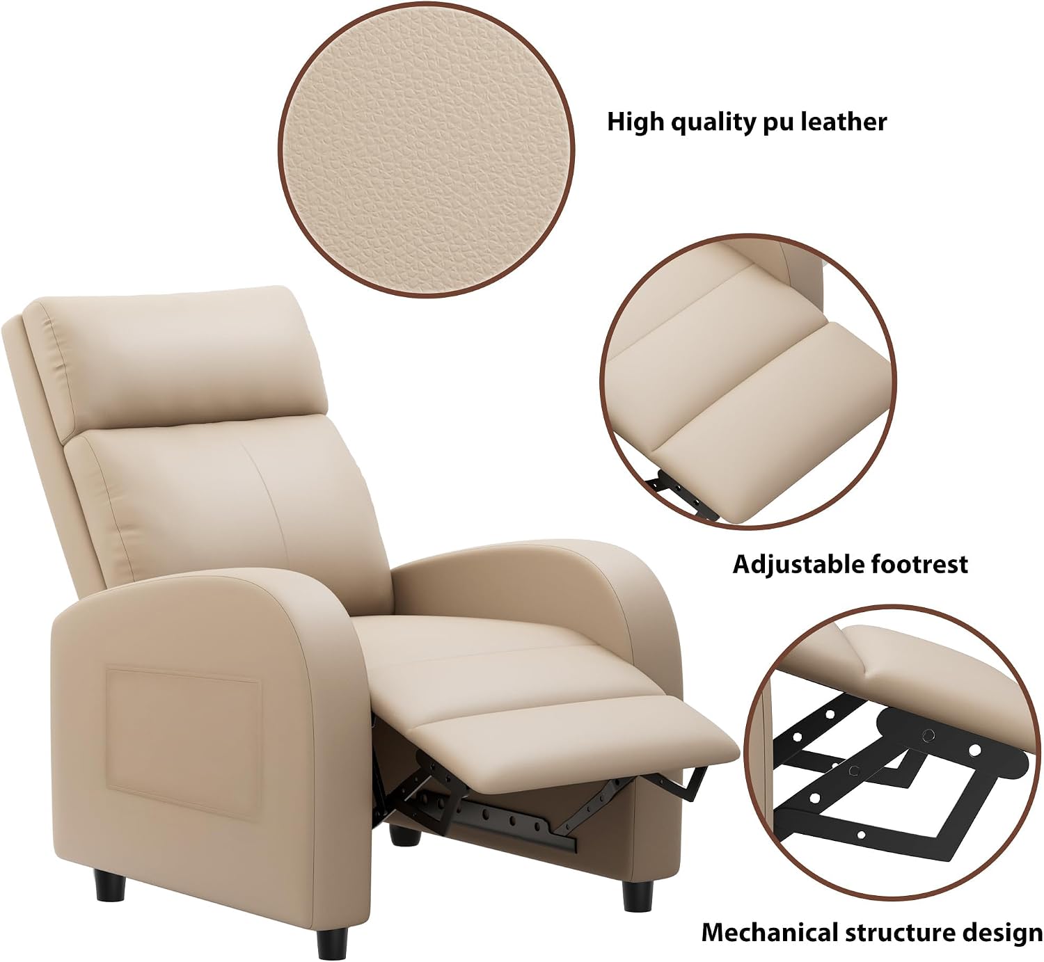 JUMMICO Recliner Chair Adjustable Home Theater Single Recliner Sofa Furniture with Thick Seat Cushion and Backrest Modern Living Room Recliners (Leather, Beige)