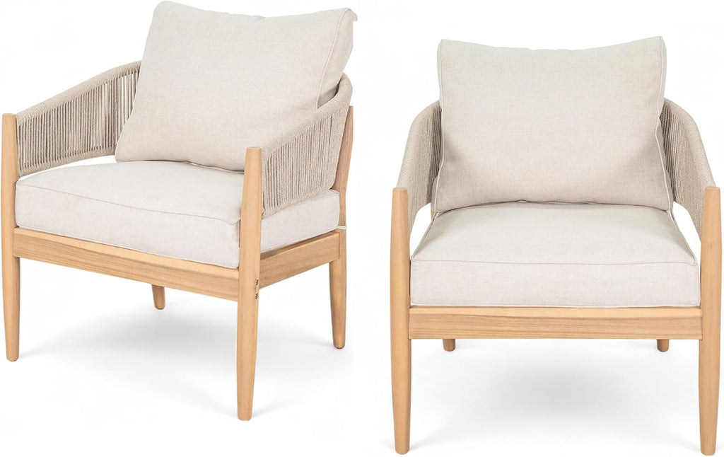 Christopher Knight Home Naomi Set of 2 Patio Acacia Wood Club Chair with Cushion, Handwoven Rope Lounge Chair Outdoor for Porch/Backyard, Stylish Garden Seating with Curved Backrest, Beige+Light Brown