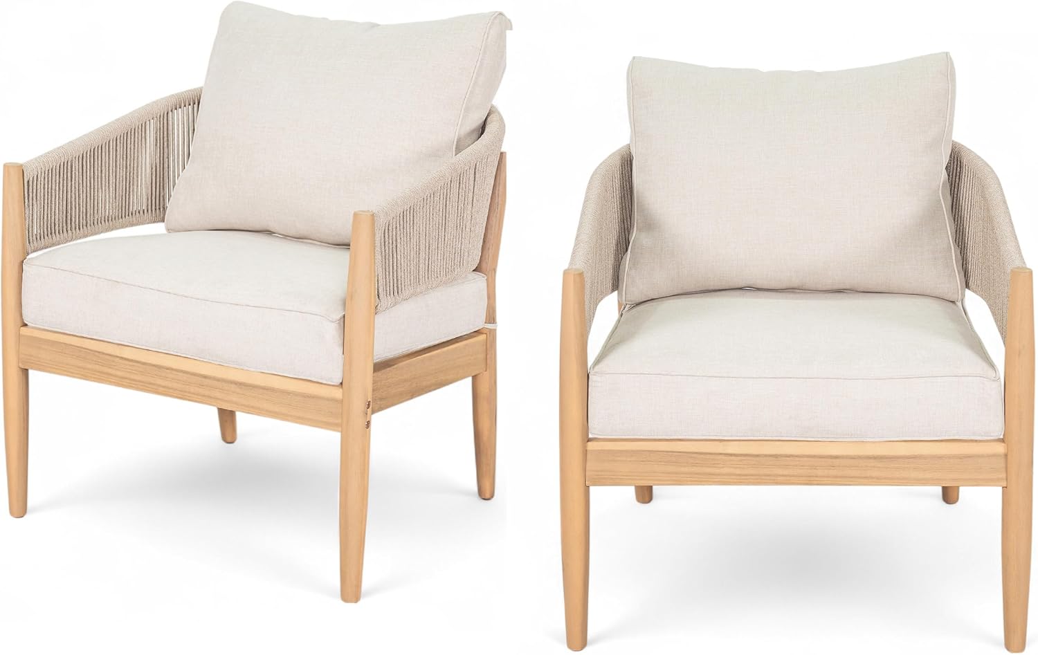Christopher Knight Home Naomi Set of 2 Patio Acacia Wood Club Chair with Cushion, Handwoven Rope Lounge Chair Outdoor for Porch/Backyard, Stylish Garden Seating with Curved Backrest, Beige+Light Brown