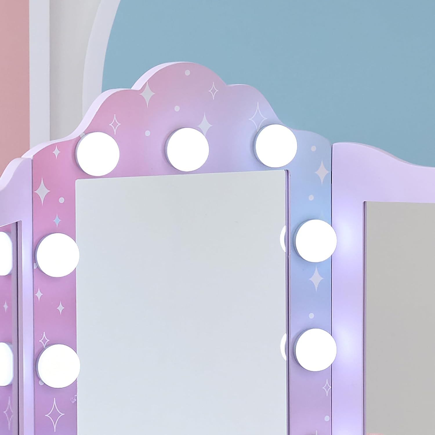 Teamson Kids Stardust Print Gisele Medium Vanity with LED Lights & Touch Sensor Mirror, Storage Drawer for Kids Pretend Play, Purple Elegant Dressing Table Set with Stool for Toddlers & Girls Ages 3+
