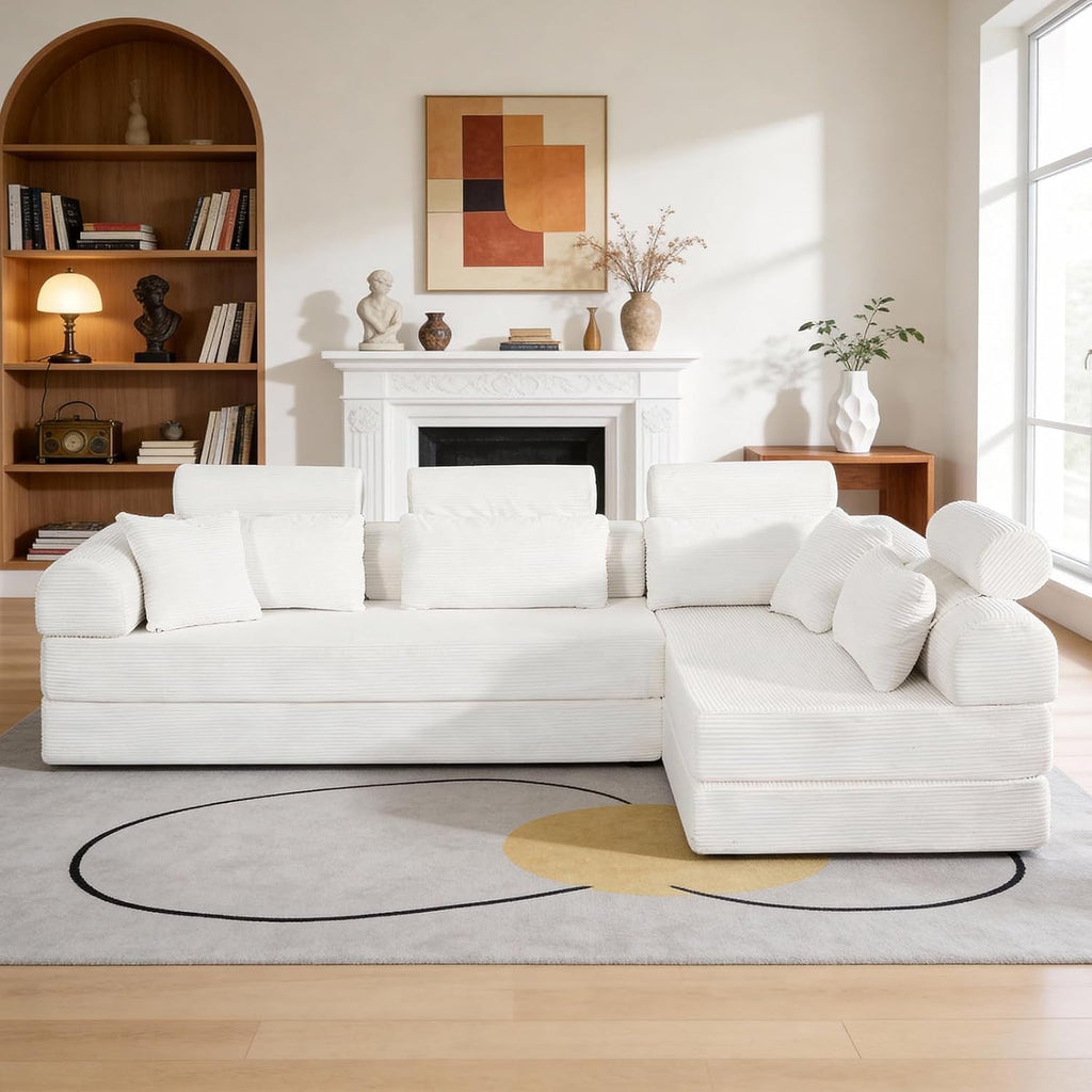 KEIKI 6-in-1 Folding Convertible High Back Sofa Sleeper, 106' Oversized Modular Sectional Corduroy Upholstered L Shape Couches for Living Room, High-Density Foam for Large Apartment Living, Beige