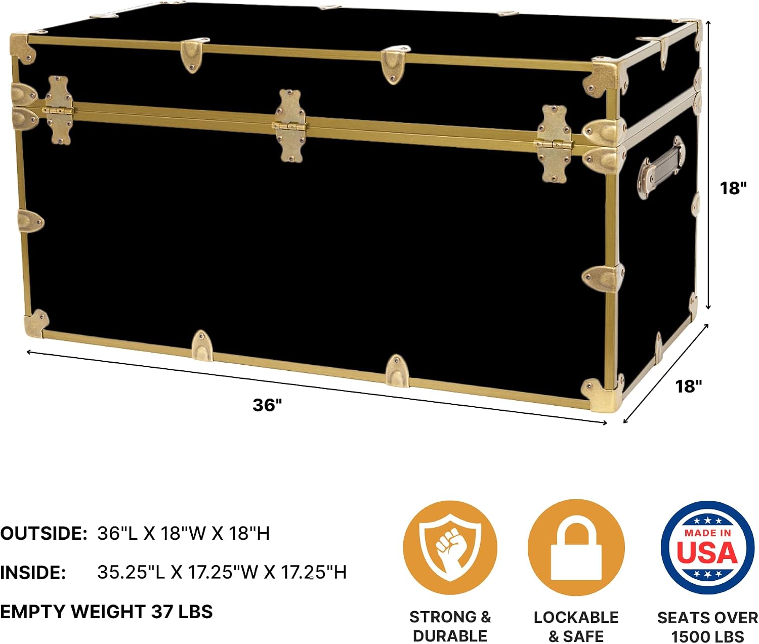Rhino Trunk & Case Classic XXL College Trunk with Wheels, Antique Brass Hardware, Soft Close - 36'x18'x18', Seats 1500+ lbs, USA Made Secure Dorm Footlocker, Home Storage, Steamer Style Blanket Chest