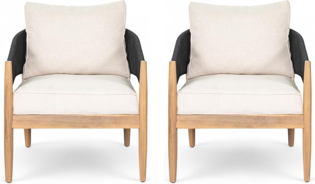 Christopher Knight Home Naomi Set of 2 Patio Acacia Wood Club Chair with Cushions, Handwoven Rope Lounge Chair Outdoor for Porch/Backyard, Stylish Garden Seating with Curved Backrest, Beige + Black