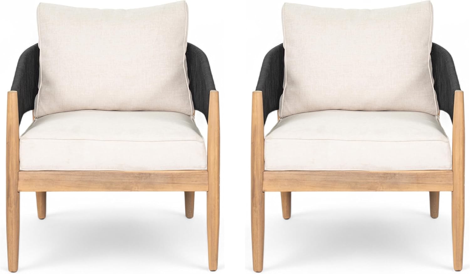 Christopher Knight Home Naomi Set of 2 Patio Acacia Wood Club Chair with Cushions, Handwoven Rope Lounge Chair Outdoor for Porch/Backyard, Stylish Garden Seating with Curved Backrest, Beige + Black