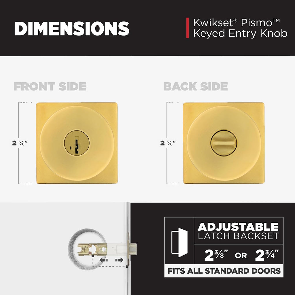 Kwikset Pismo Entry Door Knob with Lock and Key, Secure Keyed Handle Exterior, Front Entrance and Bedroom, Satin Brass, 4 Pack, Pick Resistant SmartKey Rekey Security