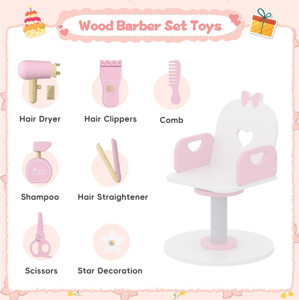 Wooden Kids Vanity Table and Chair Set with Light and Mirror, Princess Makeup Vanity Desk with Barber Chair and Rolling Cart, Pretend Hair Salon Play Set, Toddler Vanity Set for Girls, White