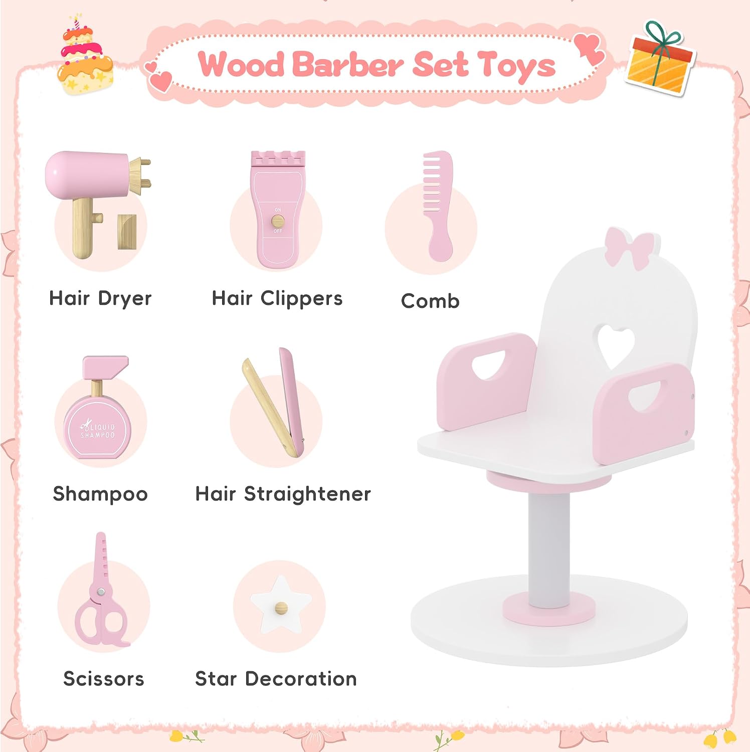 Wooden Kids Vanity Table and Chair Set with Light and Mirror, Princess Makeup Vanity Desk with Barber Chair and Rolling Cart, Pretend Hair Salon Play Set, Toddler Vanity Set for Girls, White