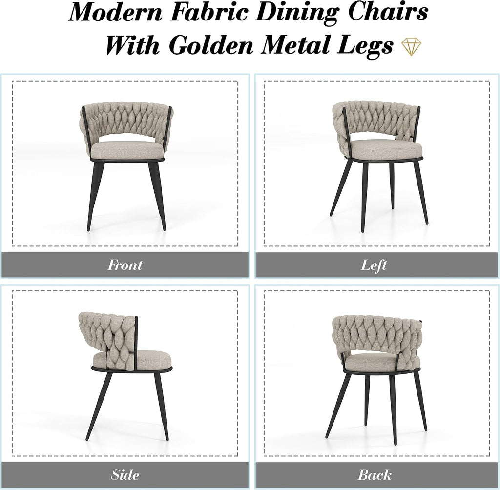 KCC Fabric Dining Chairs Set of 2, Modern Dining Chair with Metal Legs, Woven Upholstered Dining Chairs for Dining Room, Kitchen, Vanity, Living Room (Beige)
