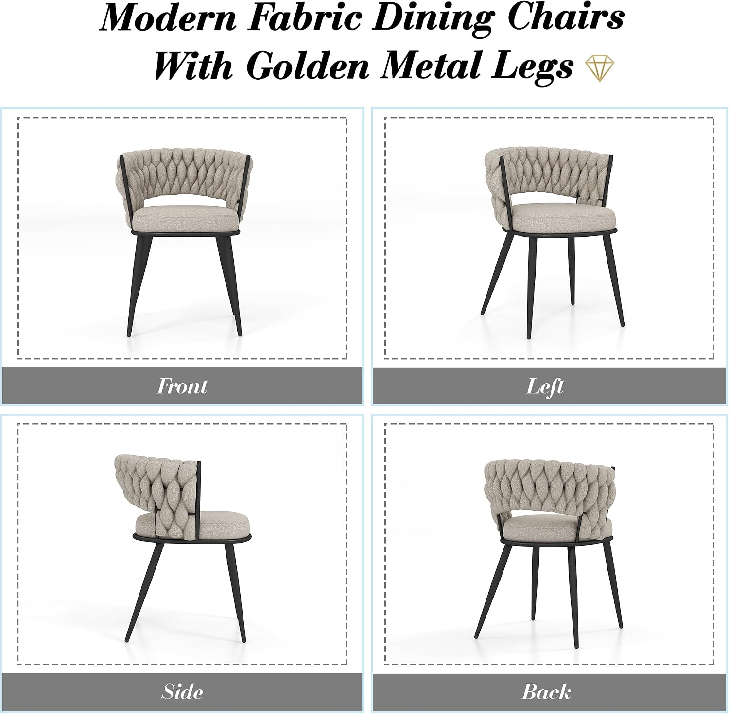 KCC Fabric Dining Chairs Set of 2, Modern Dining Chair with Metal Legs, Woven Upholstered Dining Chairs for Dining Room, Kitchen, Vanity, Living Room (Beige)