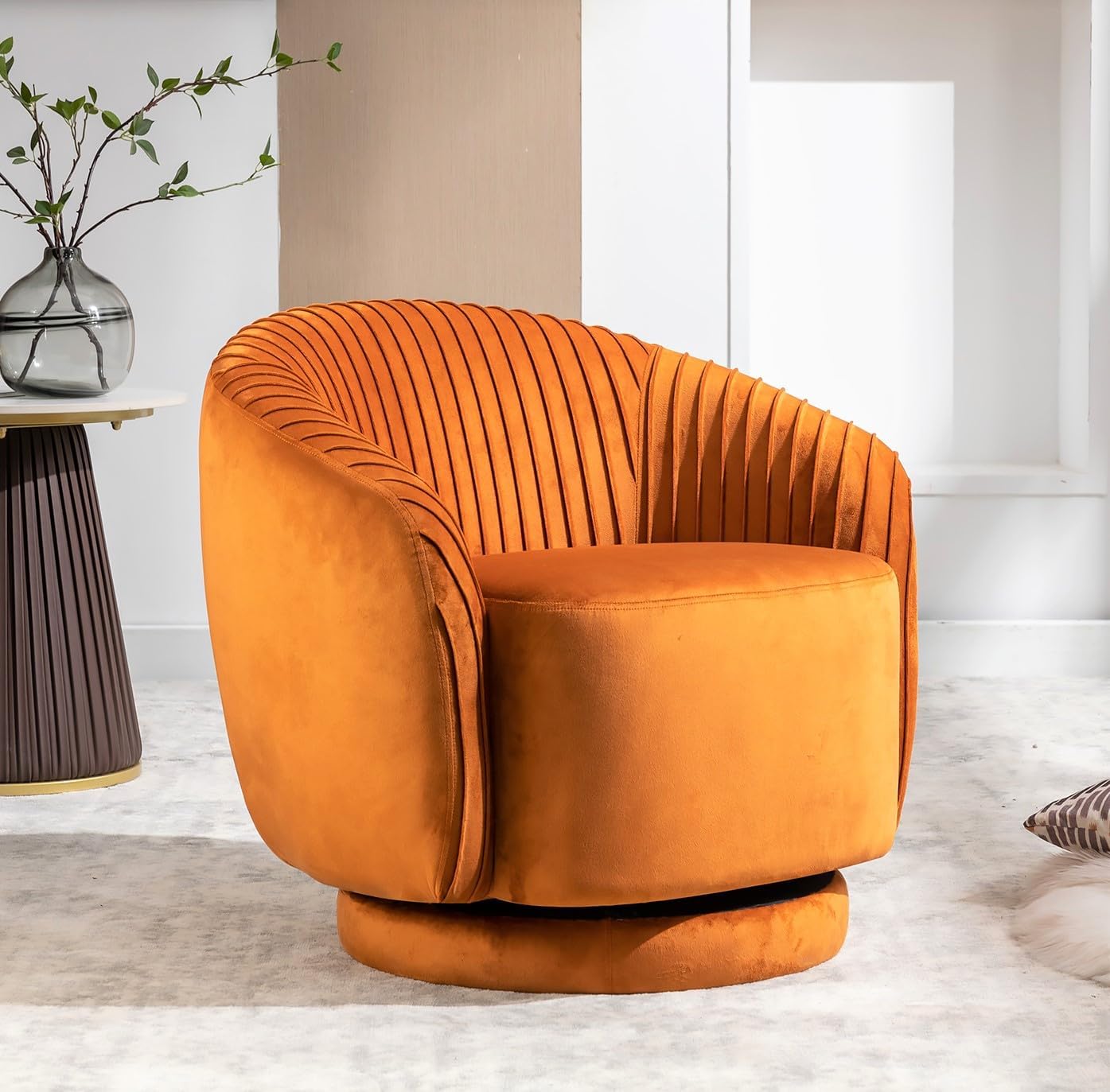 Container Furniture Direct Modern Barrel Swivel Chair with Plush Velvet Upholstery and Smooth 360° Rotation, Round Accent One-Seater Sofa for Living Room, Bedroom, and Office, Red Orange