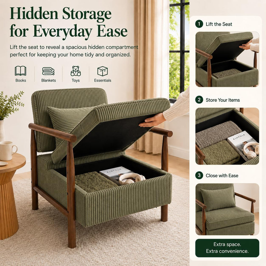 Accent Chair with Hidden Storage, Mid-Century Upholstered Armchair with Solid Wood Frame, Corduroy Fabric Accent Chair for Living Room, Bedroom, and Reading Corner(Green)