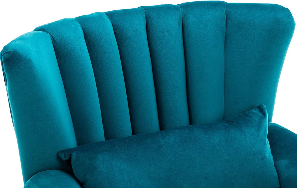 Kmax Teal Blue Accent Chair Velvet Wingback Chair with Pillow Nail-Head Channel Tufted Oversized Club Chair for Living Room Bedroom Guest Room