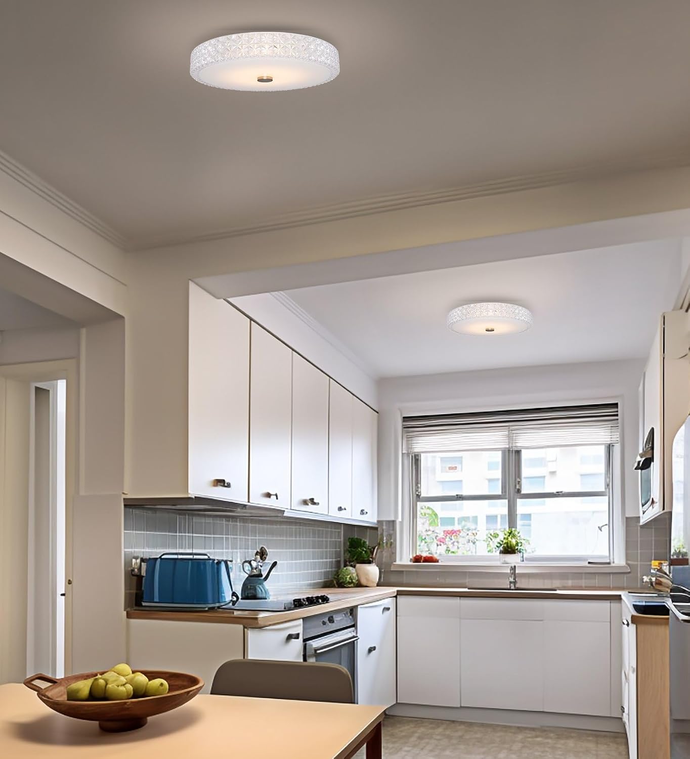 Kira Home Maxine 15' Modern Integrated LED Crystalline Flush Mount (25W), 3000K Warm White Light Low-Profile Clear Crystal Ceiling Light with Heavy Frosted Glass Diffuser, White Finish