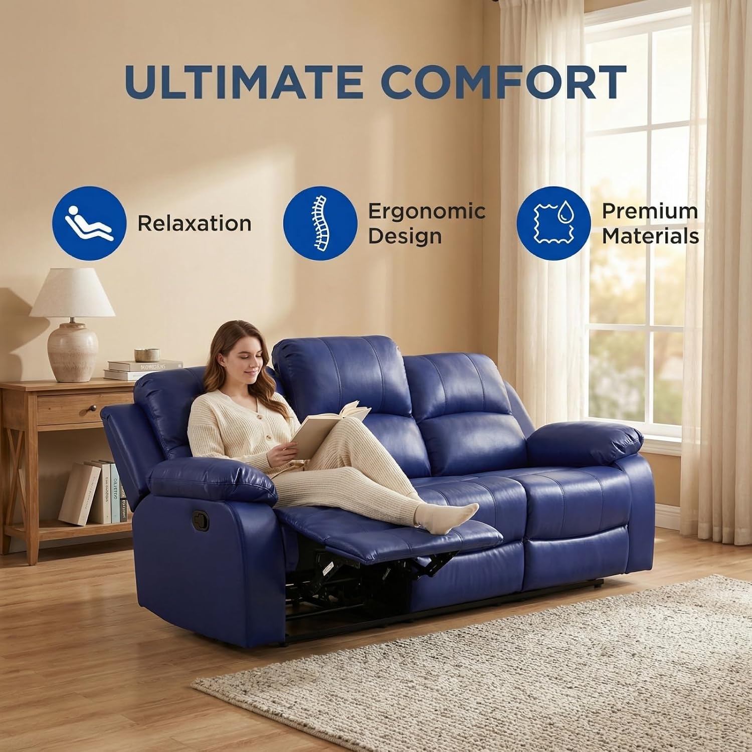 2-Piece Manual Leather Recliner Sofa Set, Adjustable Backrest Reclining Loveseat Sofa and a 3 Seater Couch Furniture Set for Home Theater, Dark Blue