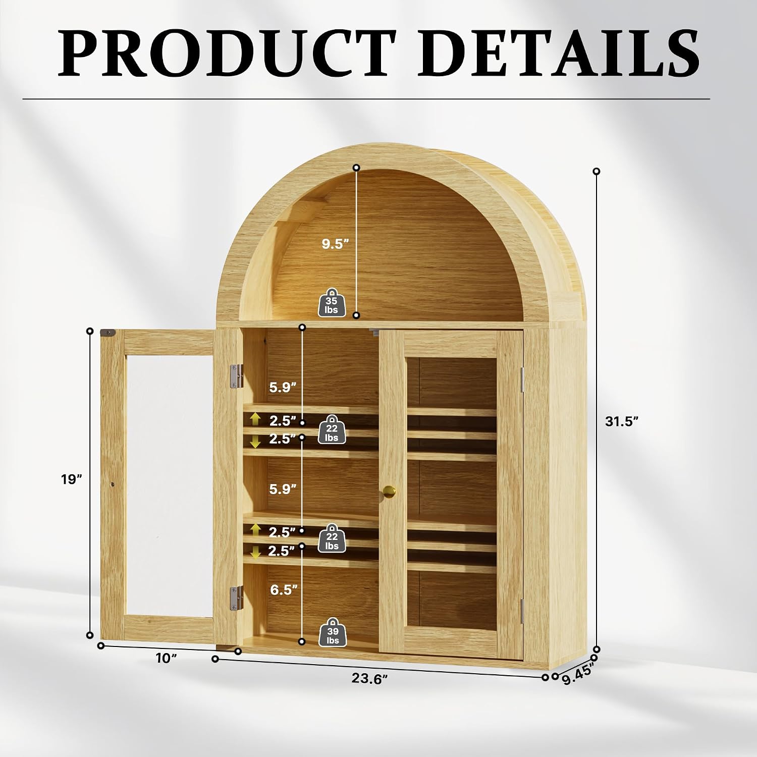 BREEZEHEAT Arched Medicine Cabinet with Glass Doors, Adjustable Shelf, Wall Mounted Bathroom Storage Cabinet Over Toilet, Natural Oak Wood Grain, 23.6''W × 31.5''H