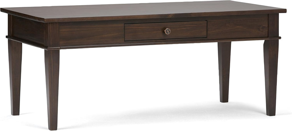 SIMPLIHOME Carlton Coffee Table - 44 inch Wide Solid Wood Transitional Cocktail Table in Dark Tobacco Brown, Classic Living Room Table with Open Storage Shelf and Clean-Lined Tapered Leg Design