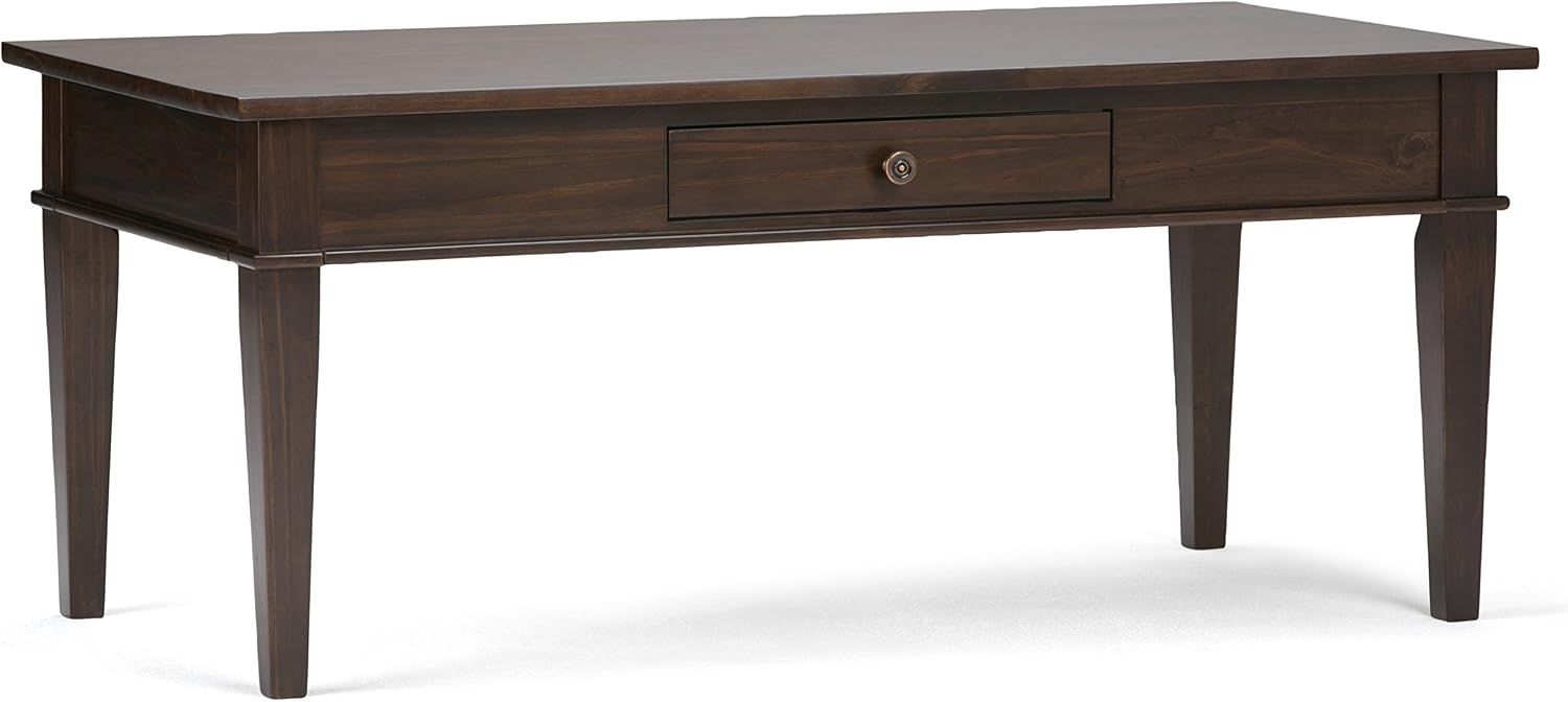 SIMPLIHOME Carlton Coffee Table - 44 inch Wide Solid Wood Transitional Cocktail Table in Dark Tobacco Brown, Classic Living Room Table with Open Storage Shelf and Clean-Lined Tapered Leg Design