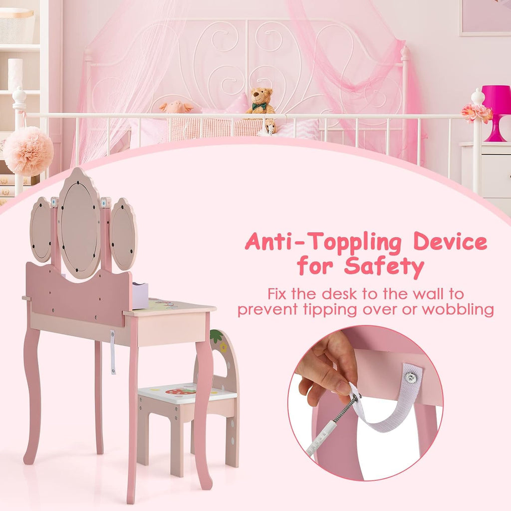 HONEY JOY Kids Vanity, Strawberry Princess Wooden Makeup Dressing Table & Chair Set w/Real Glass Tri-Fold Oval Mirror & Accessories, Detachable Top, Pretend Play Vanity Set for Little Girls(Pink)