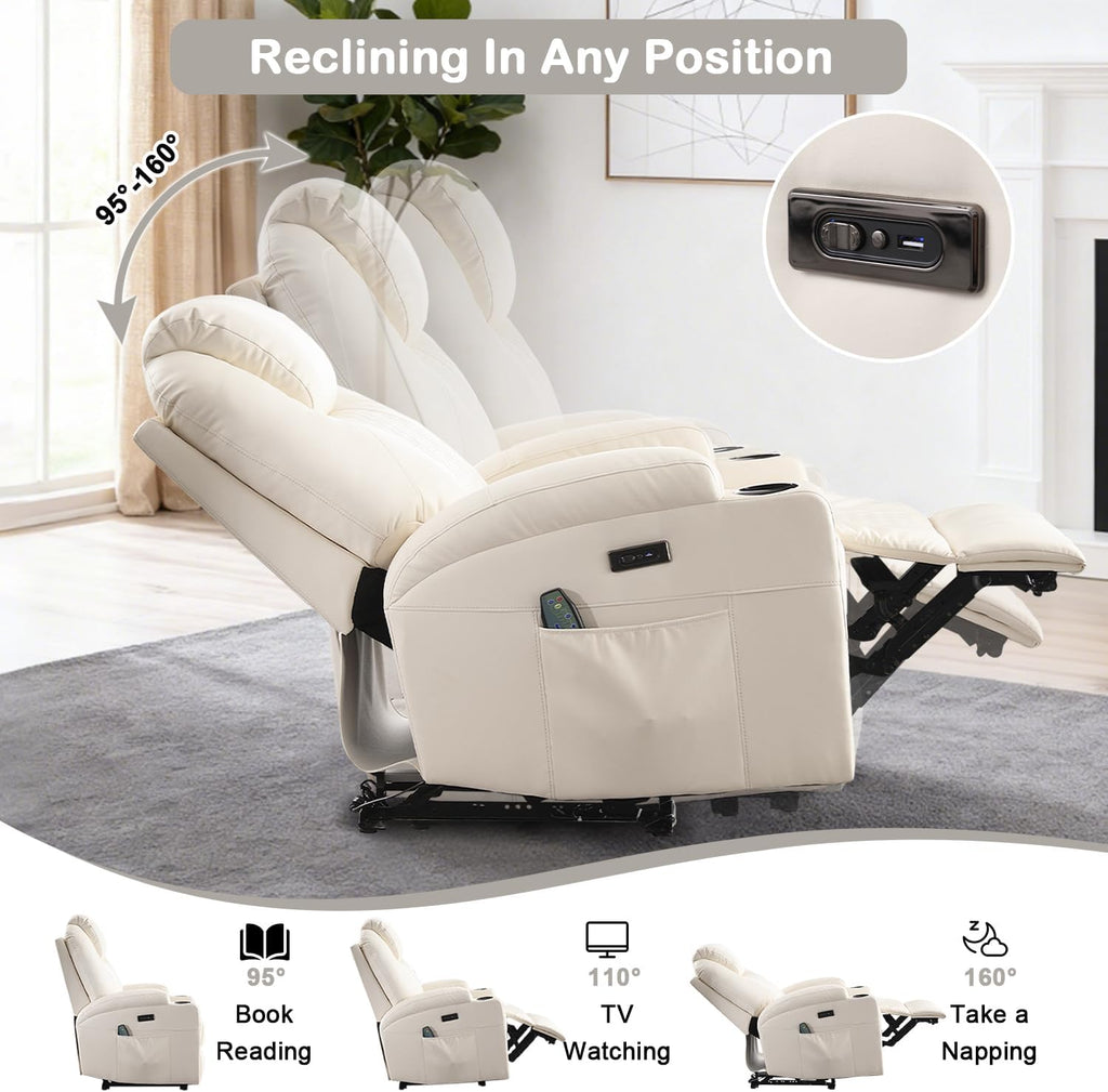 Power Recliner Chair with Heat and Massage for Adults - Home Theater Seating with LED Lights,Cup Holders,Side Pocket,USB Port - Recliner Sofa for Living Room (Beige, Set of 2)