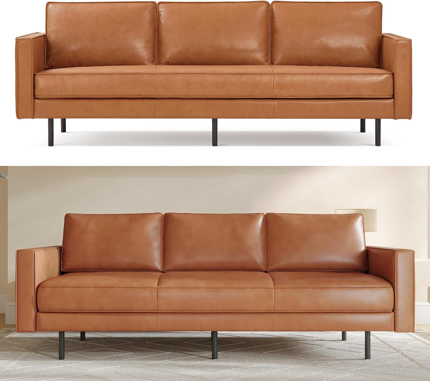 Valencia Varese 90' Full Leather Couch Cognac Tan Brown- Italian Nappa Leather Modern Cloud Couch for Living Room/Apartment Furniture