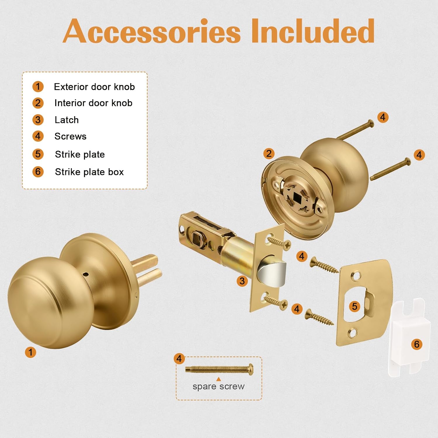 Probrico Champagne Bronze Interior Door Knob for Hallway, Champagne Door Knobs Closet Door Knob, Passage Door Knobs with Round Ball Knob, 10 Pack