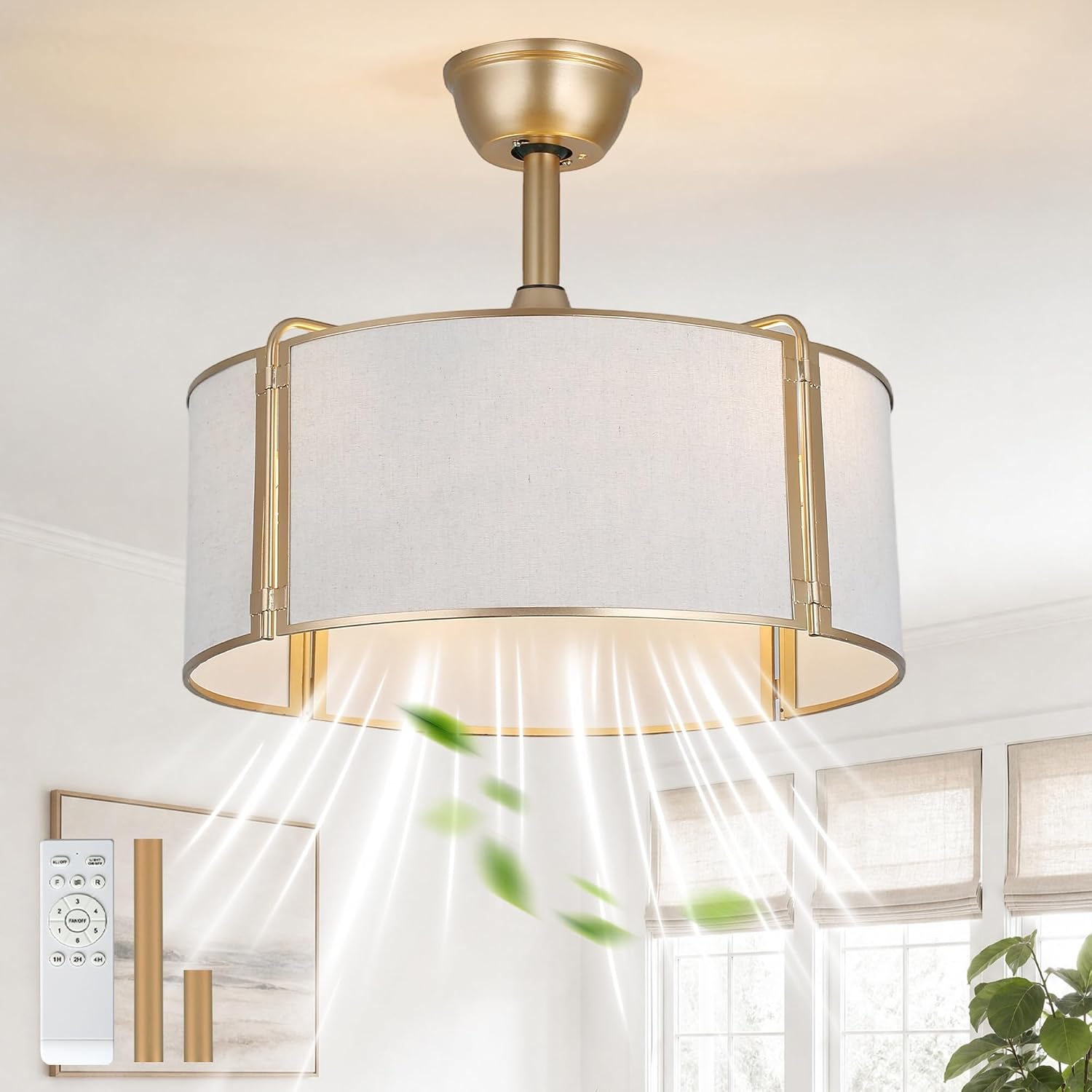 20' Gold Caged Boho Fandelier Ceiling Fan with Light, Bladeless Flush Mount Chandelier Fan with Remote Control, 6 Speeds Quiet Reversible Motor for Bedroom, Nursery, Foyer, Dining Room, Living Room