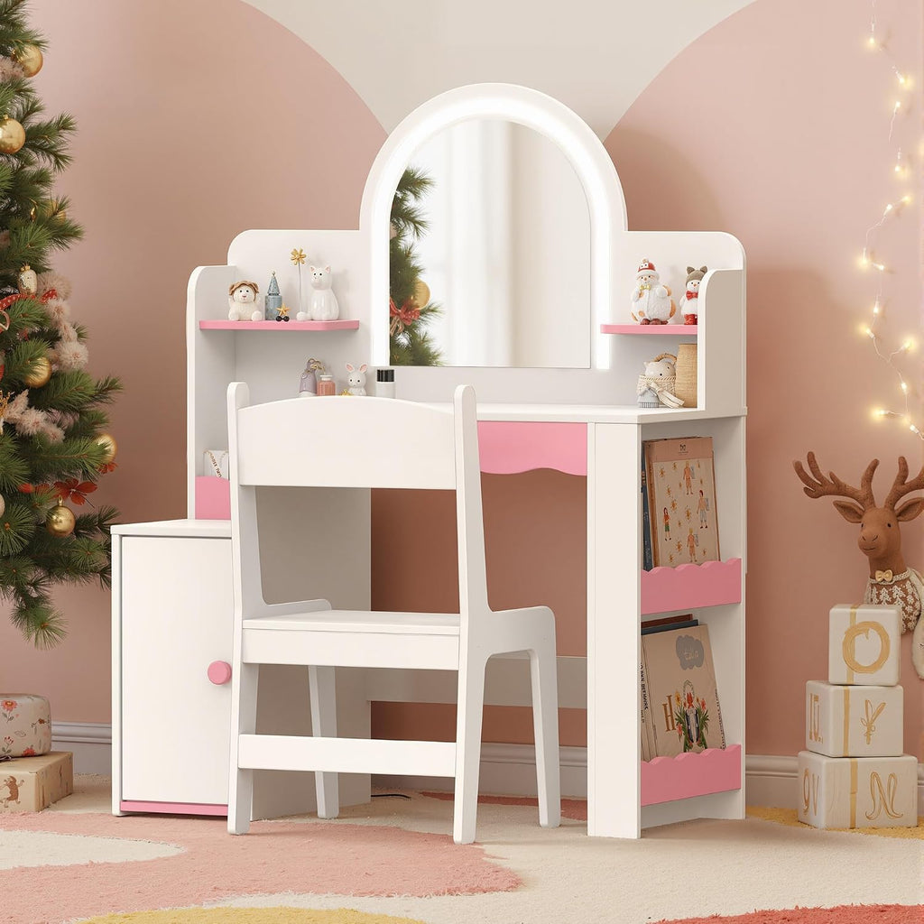Kids Vanity with LED Mirror and Chair, Girls Vanity Set with Storage Cabinet and Shelves, Toddler Vanity Table and Chair Set for Bedroom Playroom, Pink and White Girl Vanity for Ages 3-8