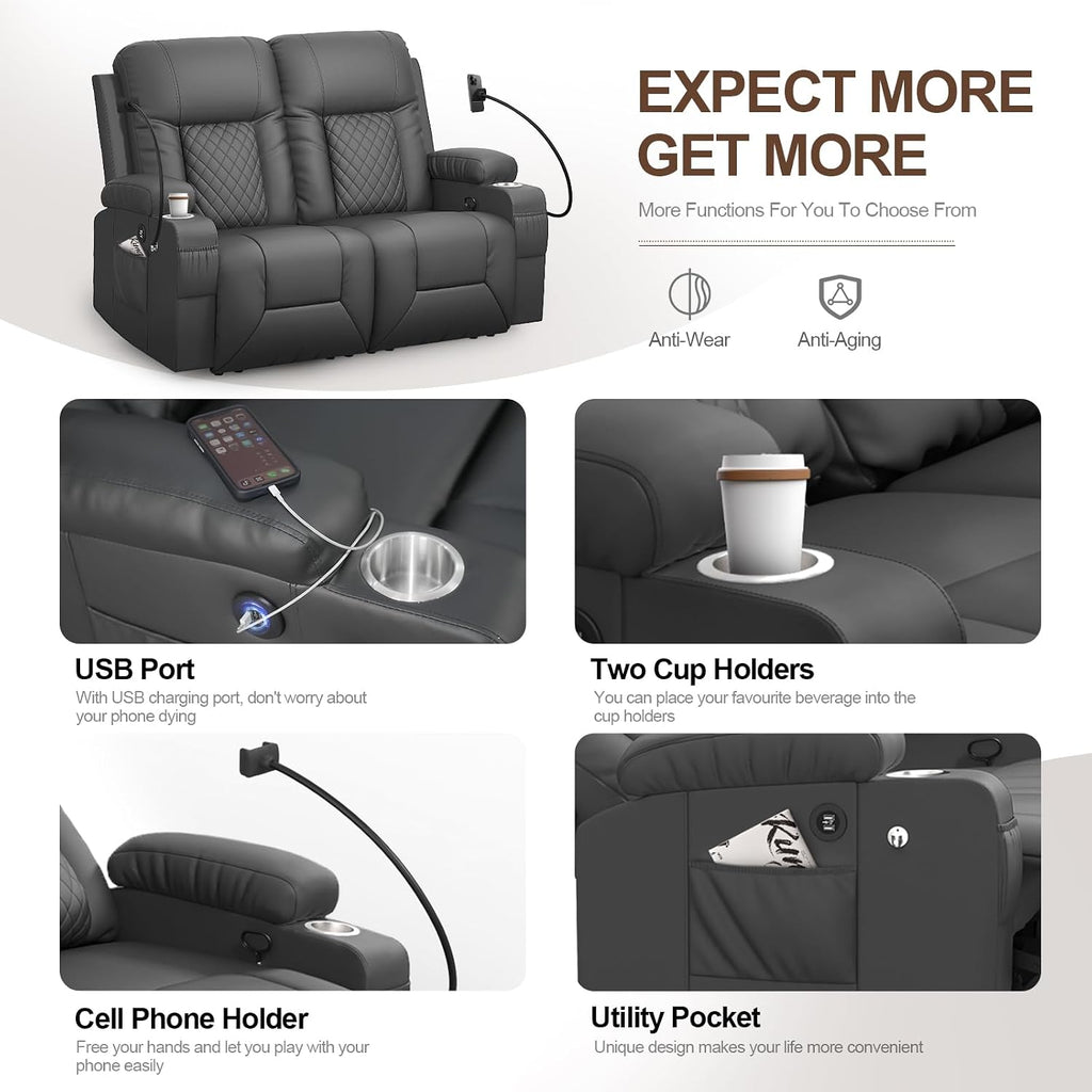 FURNIMAT Loveseat Recliner Sofa, 2 Seater Reclining Loveseat Sofa, PU Leather RV Loveseat Couch, Modern Recliner Chair for Living Room, with Cup Holder and 2 Cell Phone Holder, USB Ports, Gray