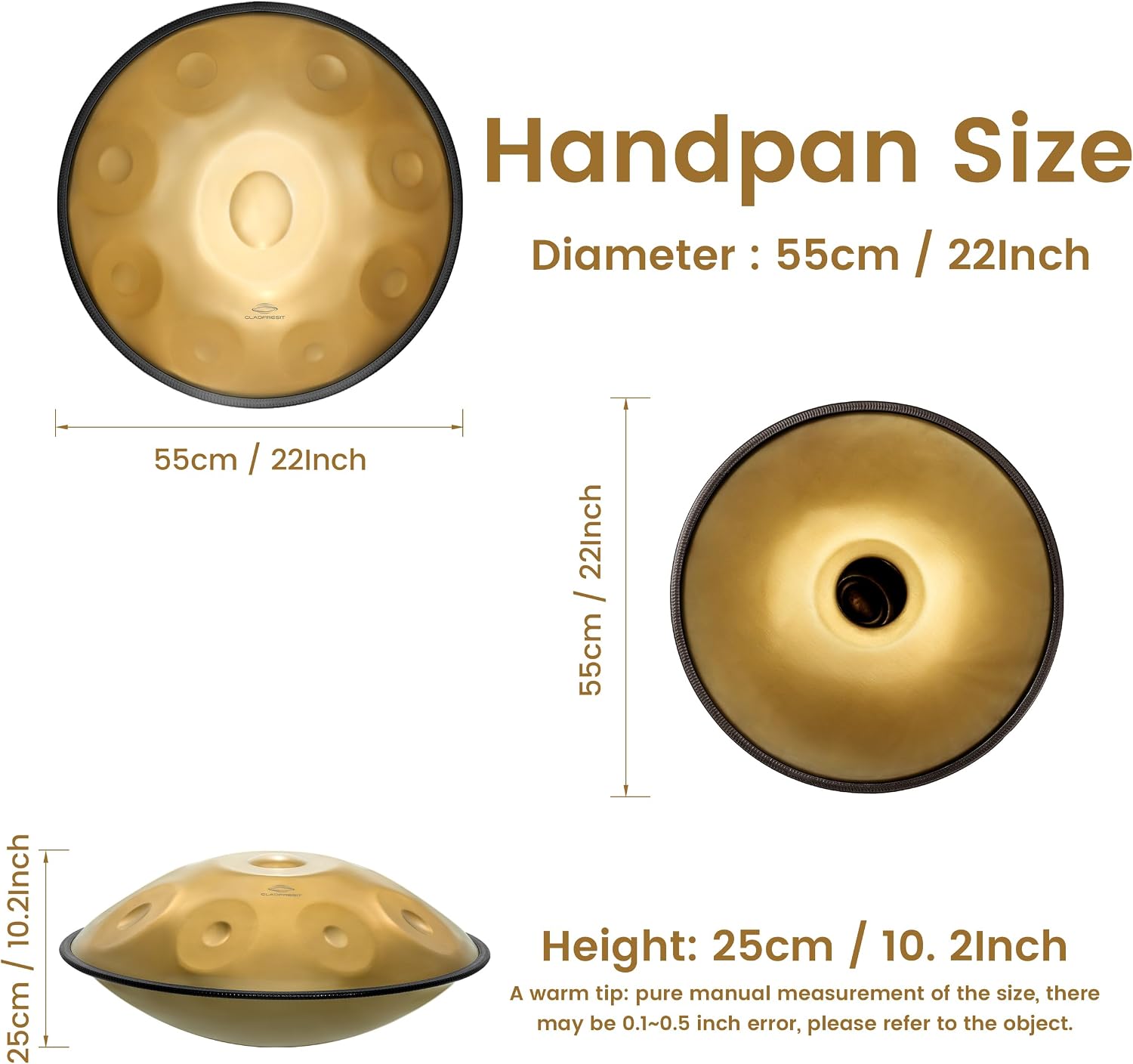 GLADFRESIT Handpan Drum 22inch in D Kurd Minor with handpan stand, handpan case, durable mallets and dust-free cloth (Gold, 432HZ)