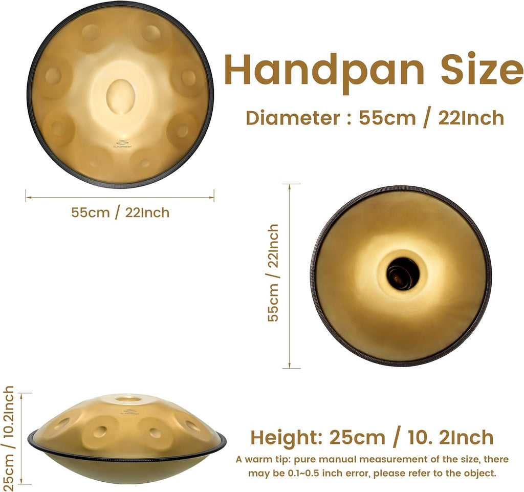 GLADFRESIT Handpan Drum 22inch in D Kurd Minor with handpan stand, handpan case, durable mallets and dust-free cloth (Gold, 440HZ)