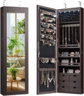 Giantex Wall Door Mounted Jewelry Cabinet with Full Length Mirror, Lockable Over Door Jewelry Armoire with LED Lights, 47.5' Large Jewelry Storage Organizer with 6 Drawers, Espresso
