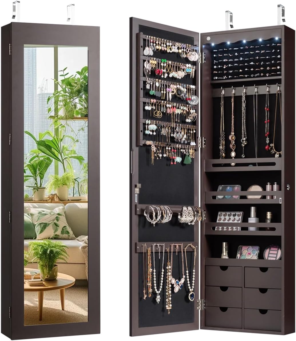 Giantex Wall Door Mounted Jewelry Cabinet with Full Length Mirror, Lockable Over Door Jewelry Armoire with LED Lights, 47.5' Large Jewelry Storage Organizer with 6 Drawers, Espresso