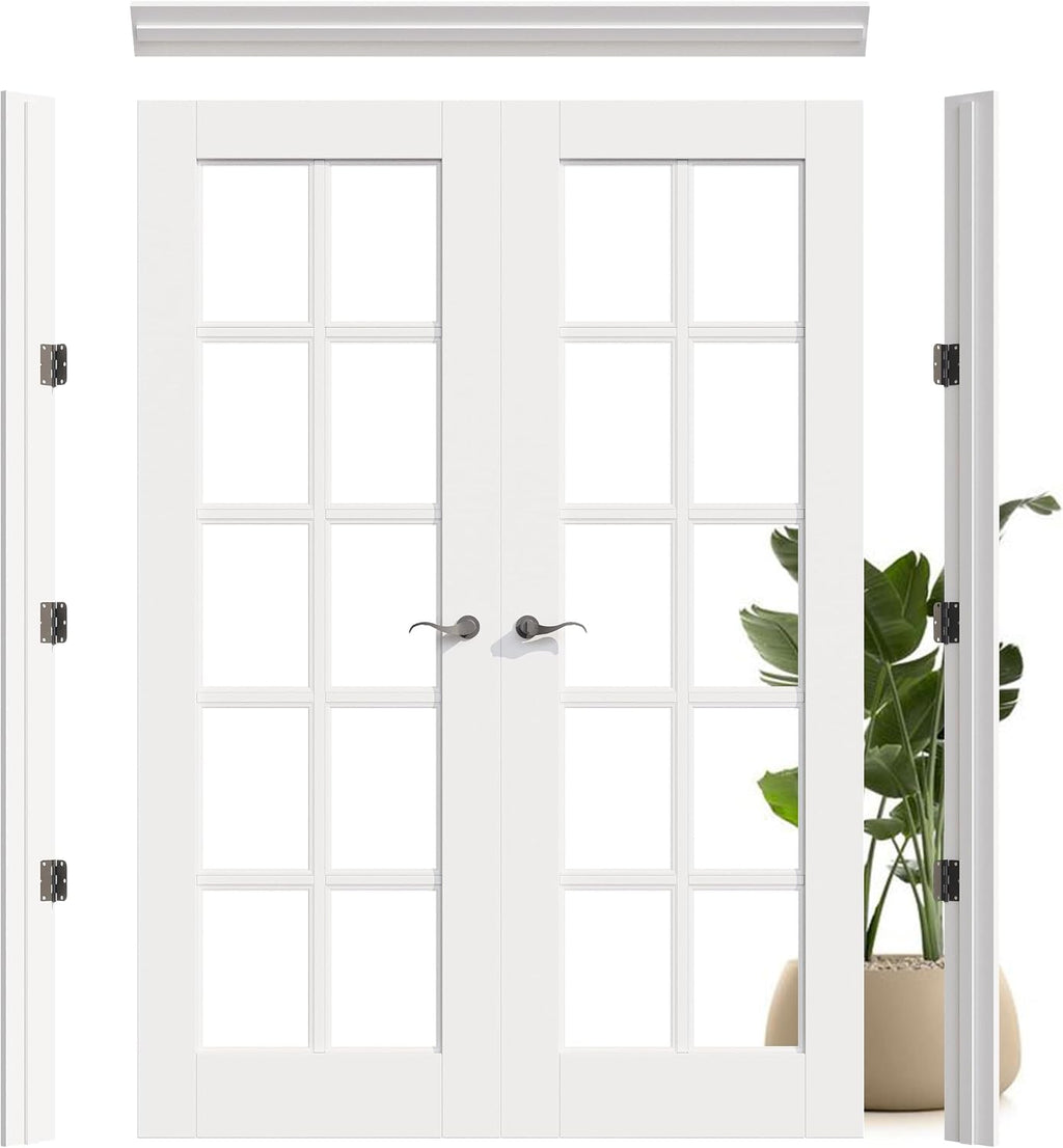 Prehung French Door 60' x 80' (2x30 in), 10-Lite Tempered Clear Glass Door Slabs with Jamb, Black Hinges, 4 Levers & Latch, Solid Core Interior Door, Pre-Finished & Paintable,Double Doors Interior