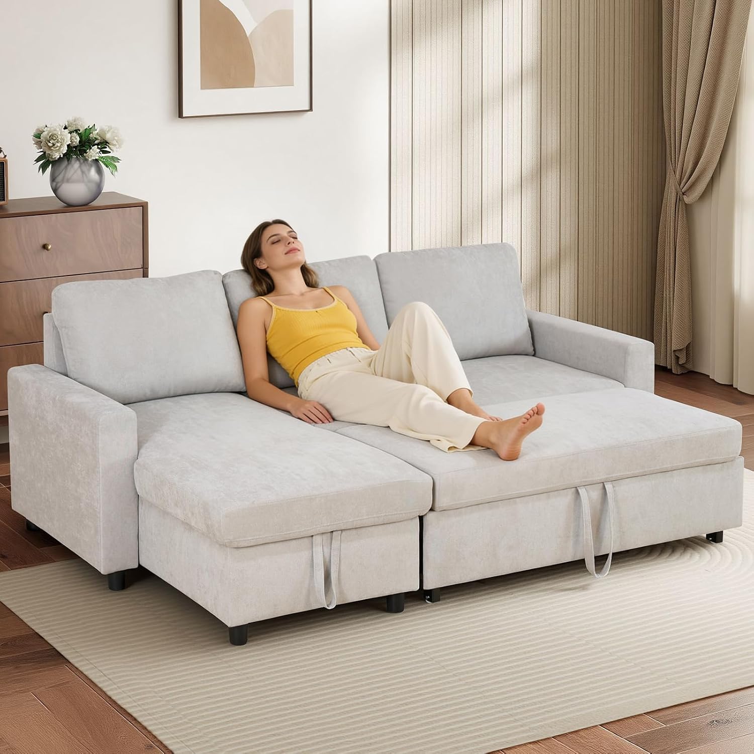 Yafylly L-Shaped Sleeper Sofa with Chaise Lounge & Storage, Pull-Out Couch Bed with Recliner, Full Size Futon for Living Room, Office, Apartment Beige