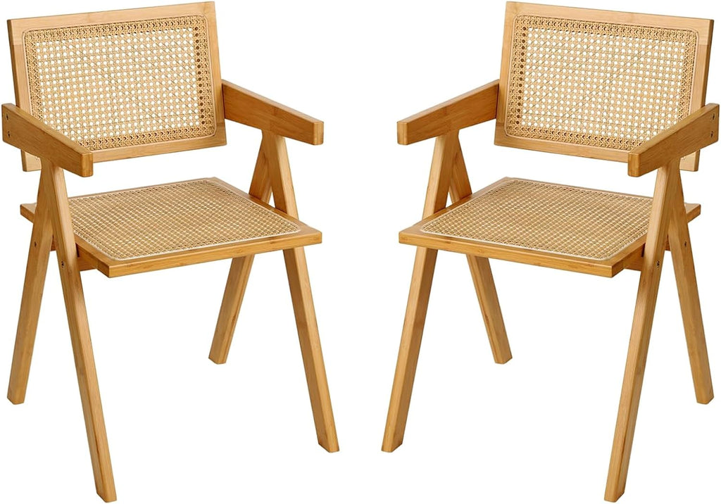Furlide Rattan Dining Chairs Set of 2, Modern Mid Century Accent Chairs, Comfy Armchairs, Outdoor Rattan Chairs with Armrest for Bedroom Living Room Reading Room Dining Kitchen