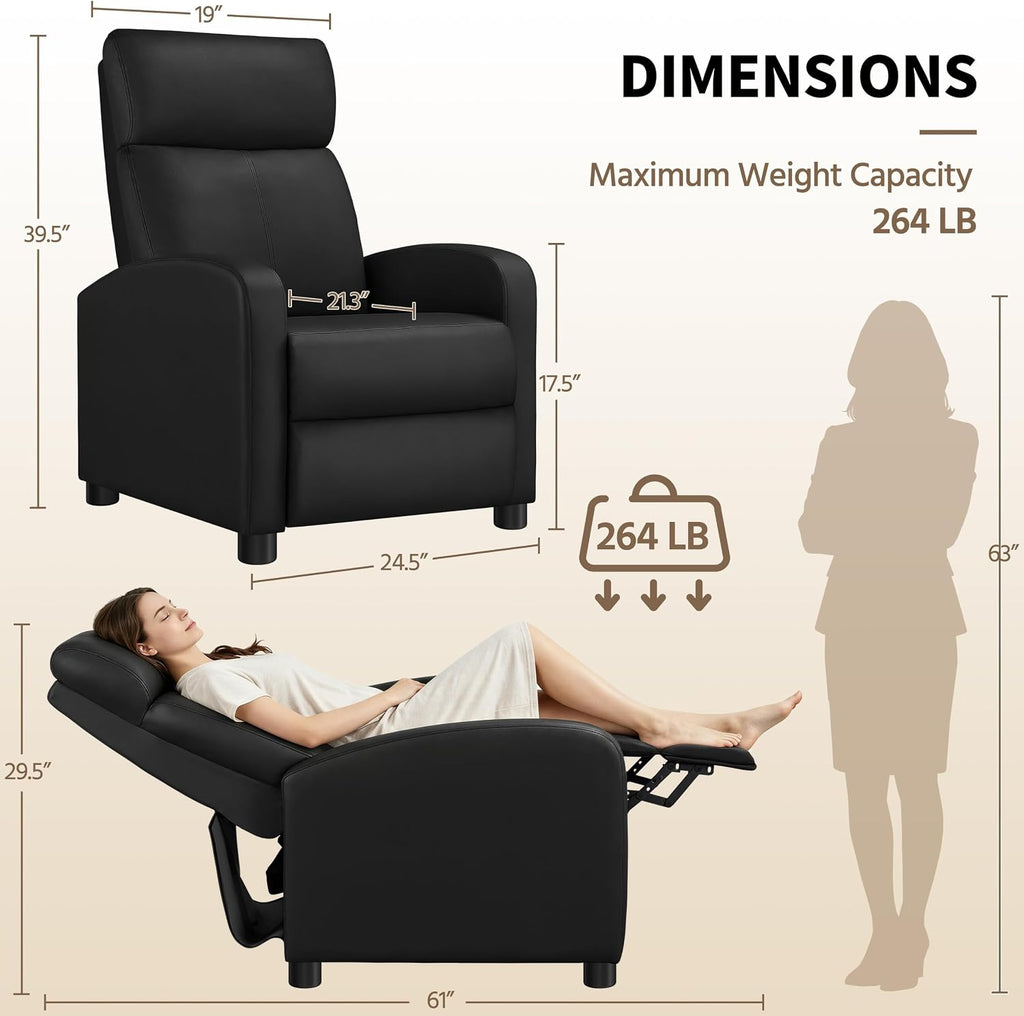 Topeakmart Recliner Chair PU Leather Adjustable Modern Single Reclining Chair with Pocket Spring Living Room Bedroom Home Theater Black