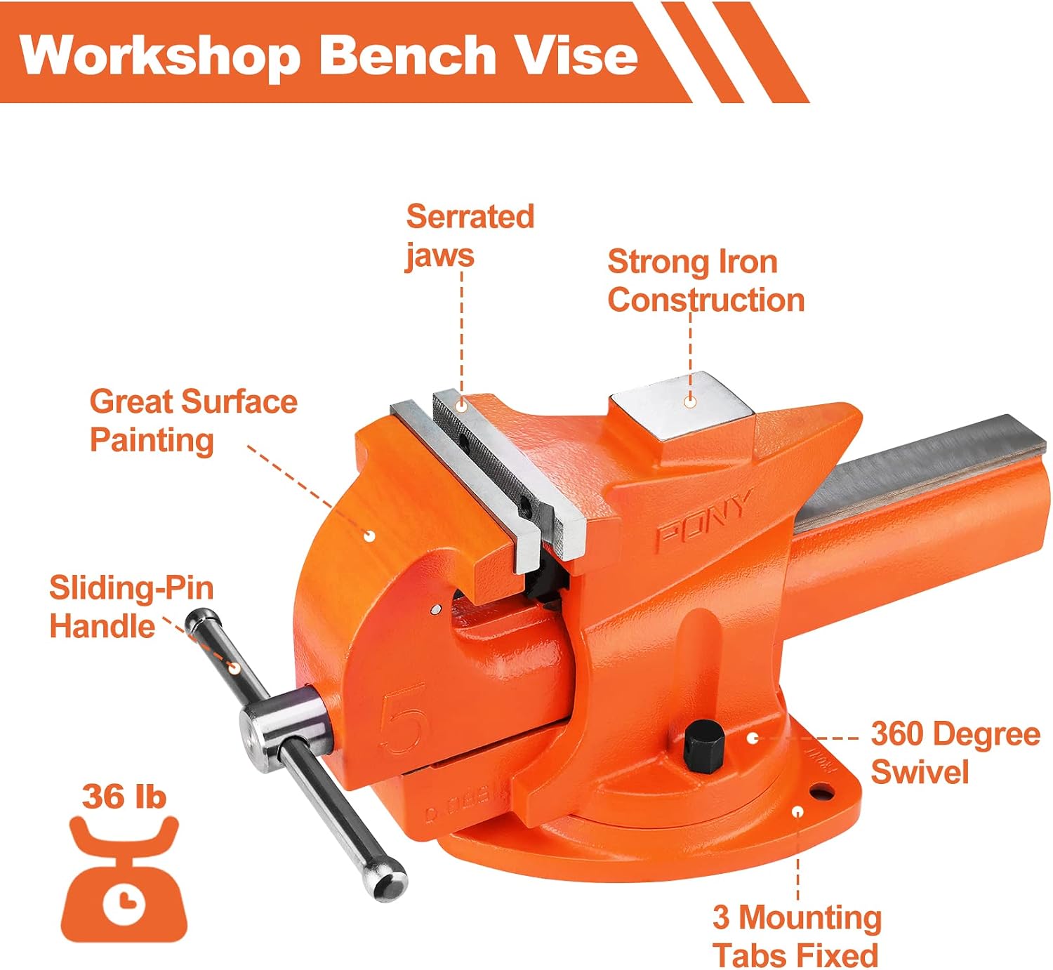 PONY Heavy Duty Bench Vise, 5-inch Jaw Width 7-inch Jaw Opening, 360-Degree Swivel Base with Anvil, Utility Combination Pipe Home Vise for Woodworking, One-Pair Vise Jaw Pad Included