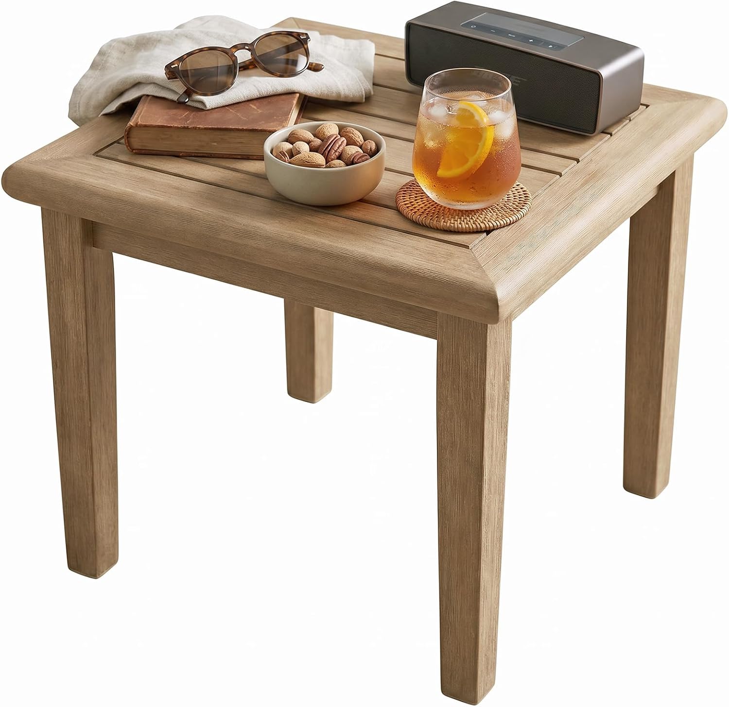 Signature Design by Ashley Gerianne Outdoor Square End Table with Slatting Styling and 5-Step Finishing Process, Eucalyptus Wood Frame, 22' High, Grayish Brown