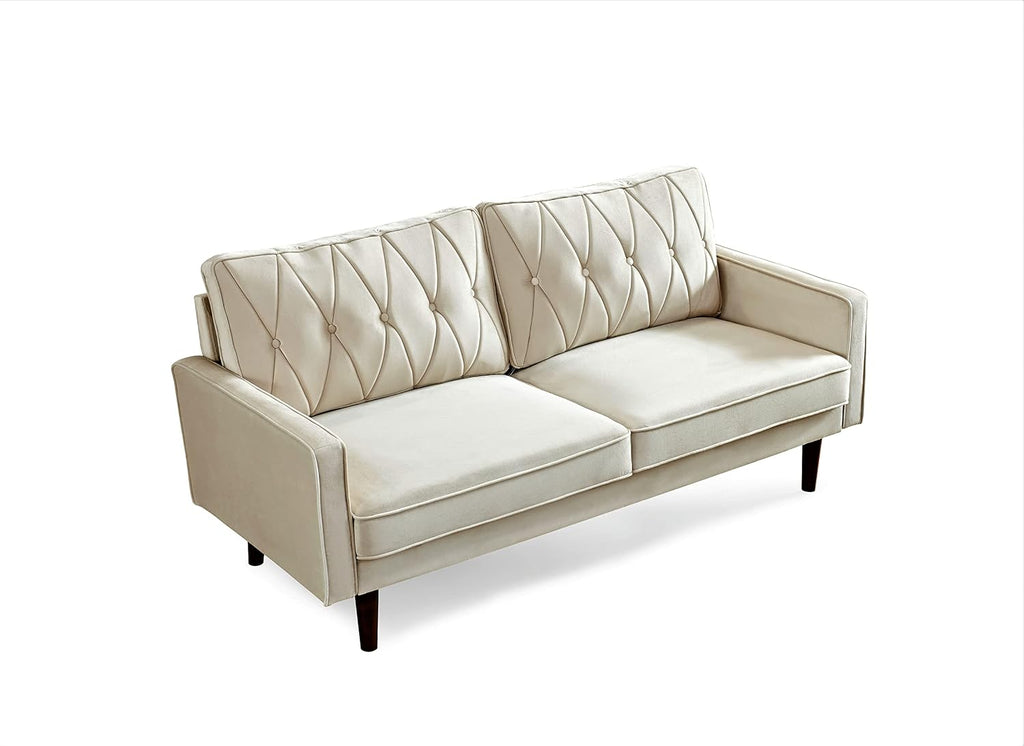 Container Furniture Modern Style Tufted Velvet Couches for Living Room with Soft Fabric Upholstery and Solid Wood Frame, 2 Piece Sofa and Loveseat Set, Ivory