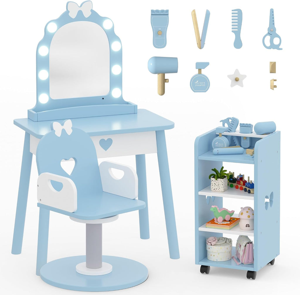 Wooden Kids Vanity Table and Chair Set with Light and Mirror, Princess Makeup Vanity Desk with Barber Chair and Rolling Cart, Pretend Hair Salon Play Set, Toddler Vanity Set for Girls, Blue