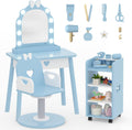 Wooden Kids Vanity Table and Chair Set with Light and Mirror, Princess Makeup Vanity Desk with Barber Chair and Rolling Cart, Pretend Hair Salon Play Set, Toddler Vanity Set for Girls, Blue