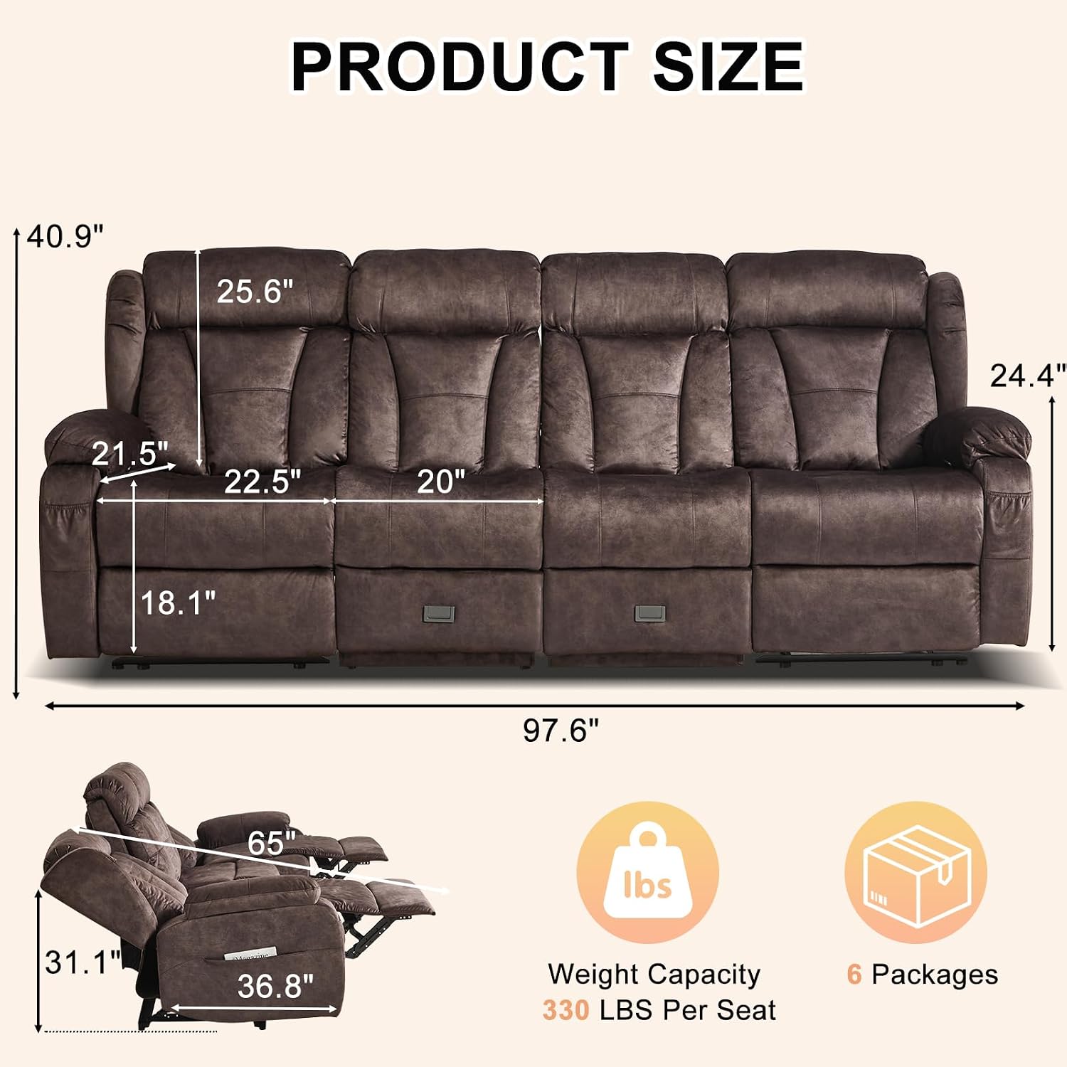 Loveseat Recliner Sofa,4 Seater Recliner Couch, Manual Reclining Loveseat with Console for Living Room, Home Theater Seating with AC/USB C/USB Ports Drawer Cup Holder(Velvet Brown, 4 Seater)